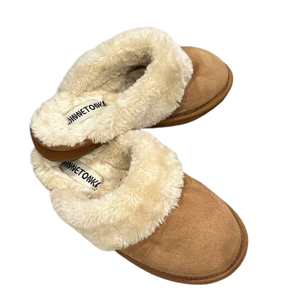 Minnetonka Tan Cream Mules Suede Leather Comfy Slippers 6